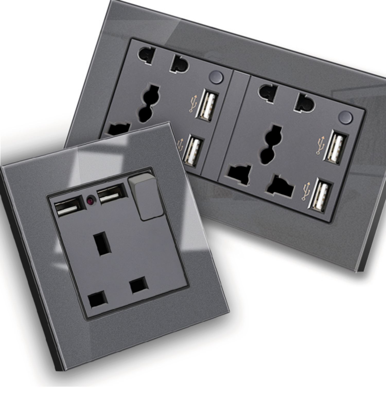 港澳英式英标13a插座带usb灰色电灯制开关玻璃面板多功能多用暗装 双