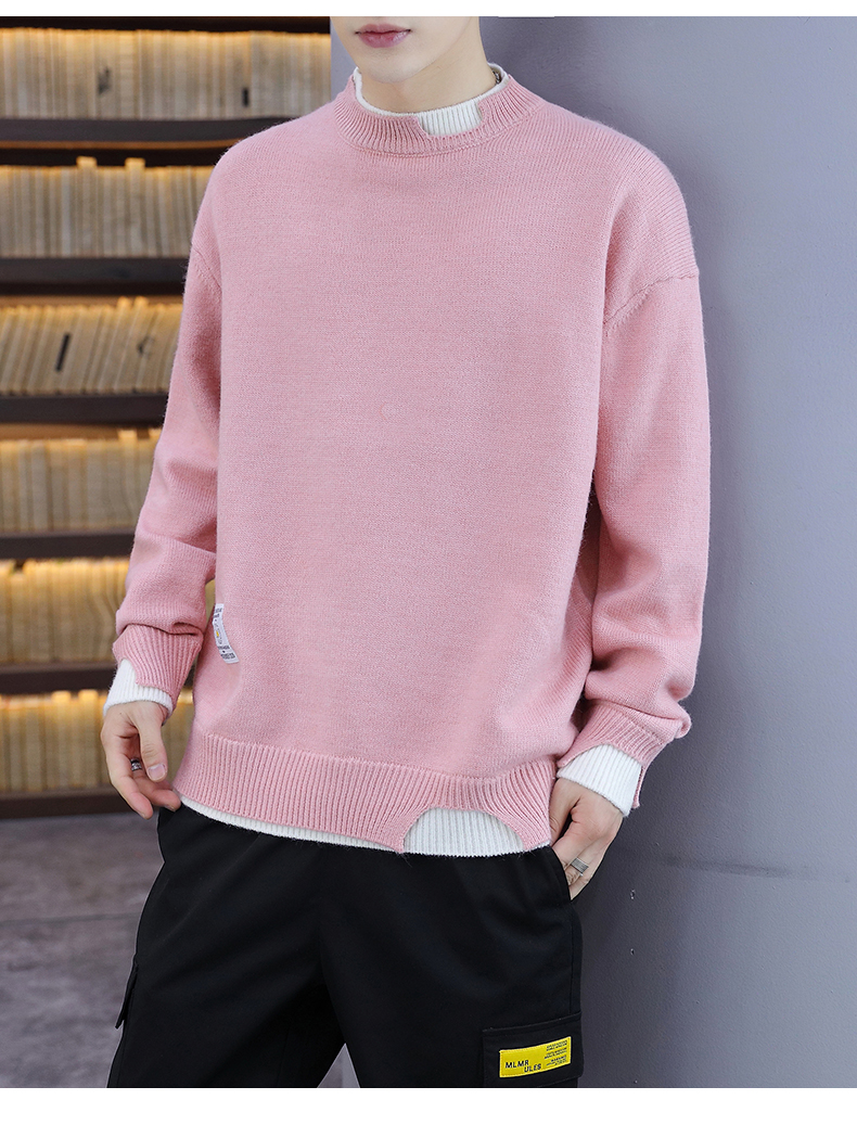 yuansu粉色毛衣男秋冬季大码宽松男士针织衫青少年毛衫打底衫潮流毛线