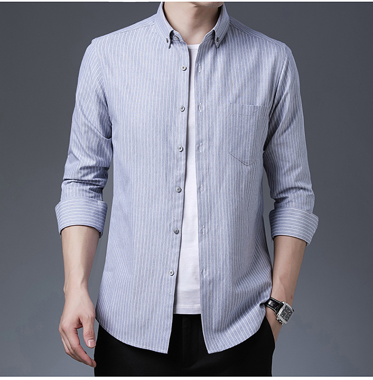 天地狐男装棉衬衫男春秋款中年男士长袖休闲条纹时尚衬衣免烫商务寸衫