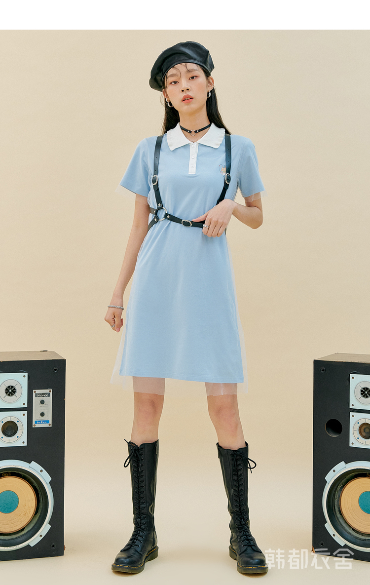 韩都衣舍花边polo领连衣裙2021夏季新款卡通刺绣薄纱裙子女oe0012