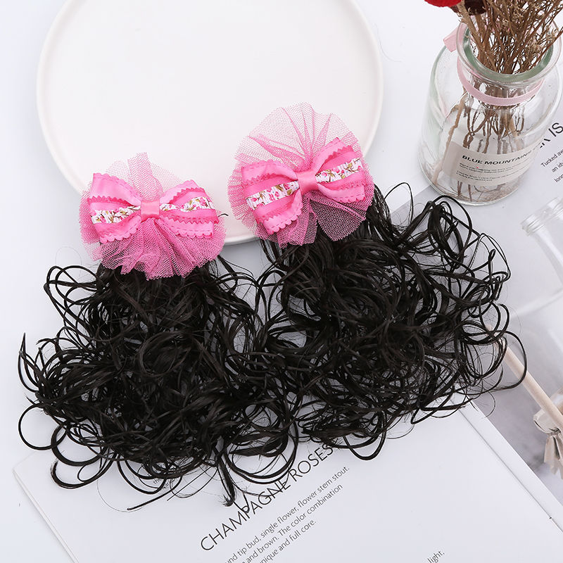 1对装黑色儿童卷发假发公主蝴蝶结假发发夹宝宝假发卡子对夹八字珠结