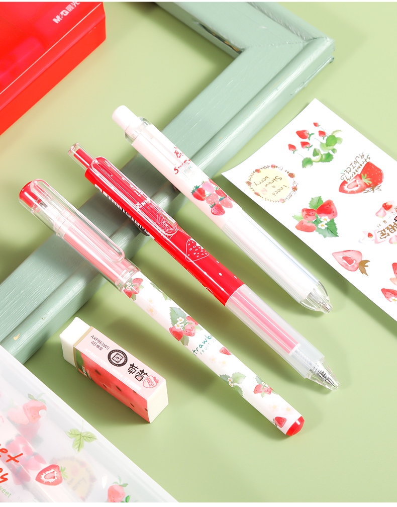 晨光mg草莓限定按动式中性笔05黑笔学生专用自动铅笔可爱超萌贴纸橡皮