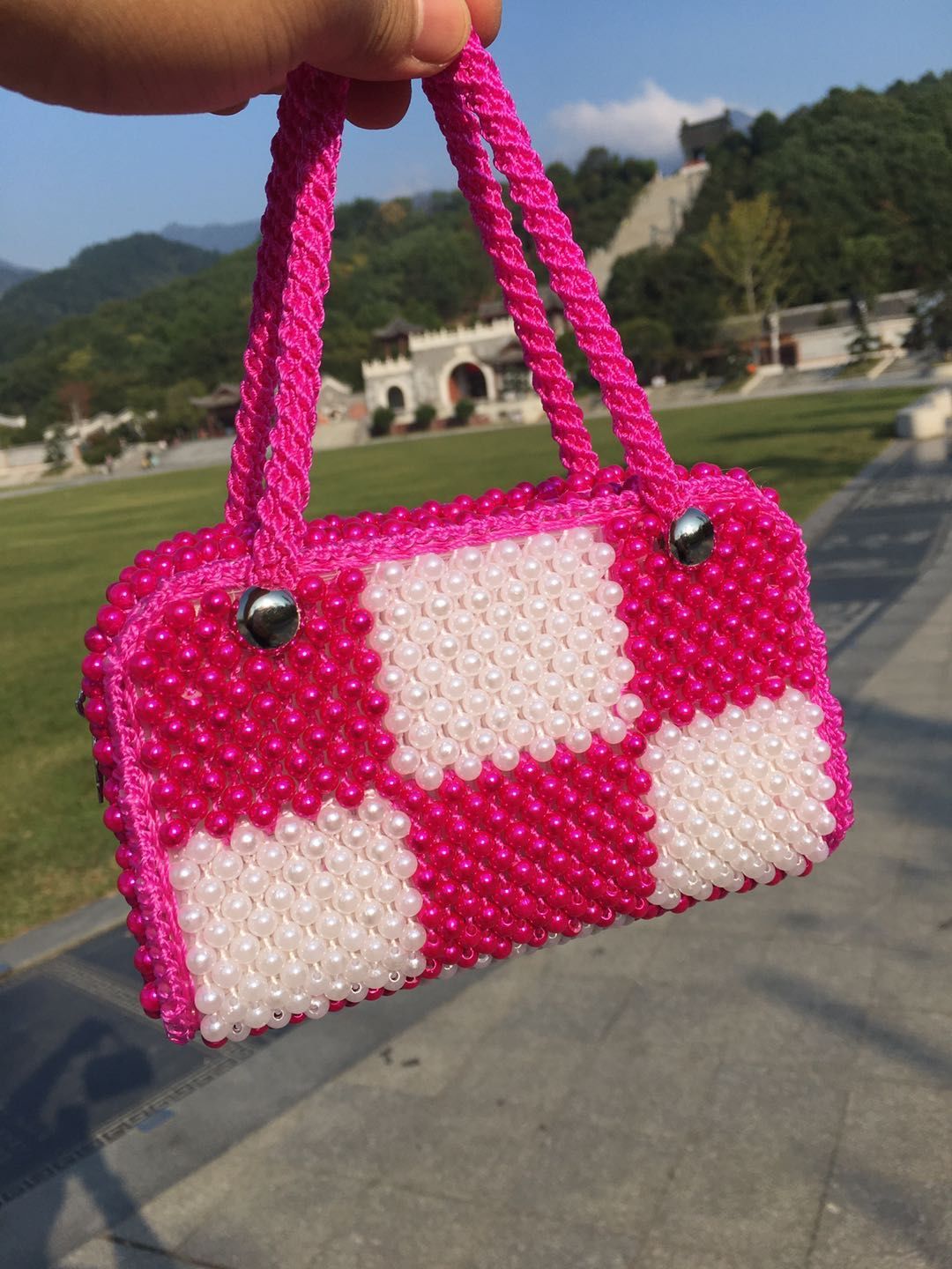 成品包包串珠手工成品手提妈咪包女包手提包单肩斜挎珠子包珍珠包粉