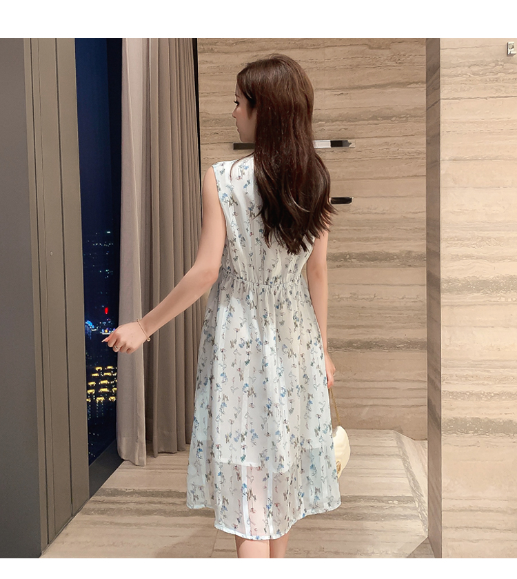 无袖雪纺碎花连裙女2020年新款夏季中长款气质收腰显瘦淑女裙子
