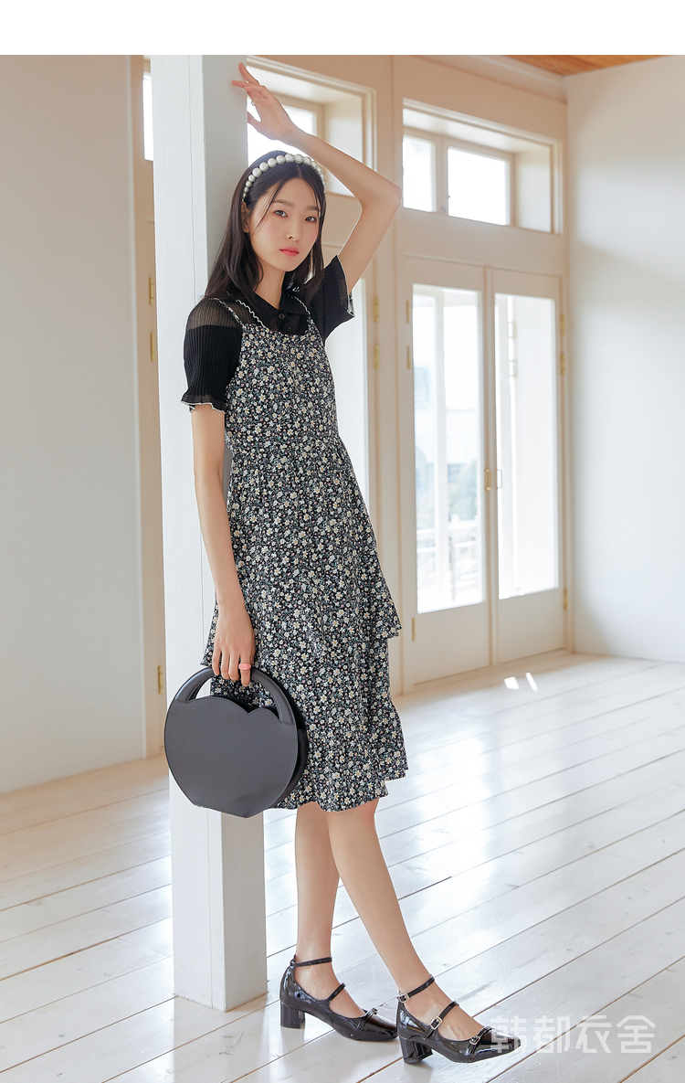 韩都衣舍雪纺碎花连衣裙女春夏2021新款法式复古荷叶边中长吊带裙eq