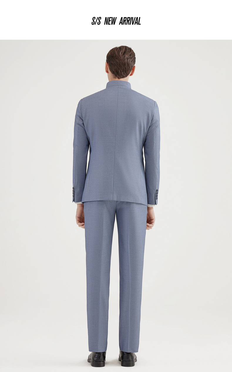 男装西服21春季商务时尚休闲男士国风立领套西修身显瘦宴会婚礼西装