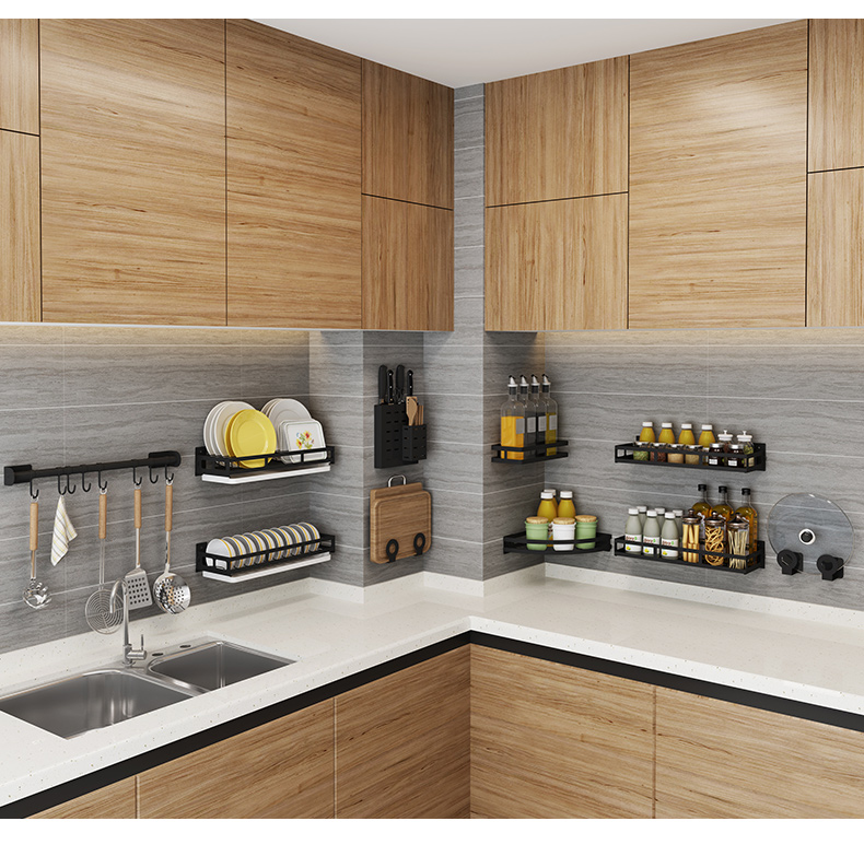 免打孔黑色厨房置物架家用不锈钢刀架碗筷放碗碟架调料壁挂式砧板三维