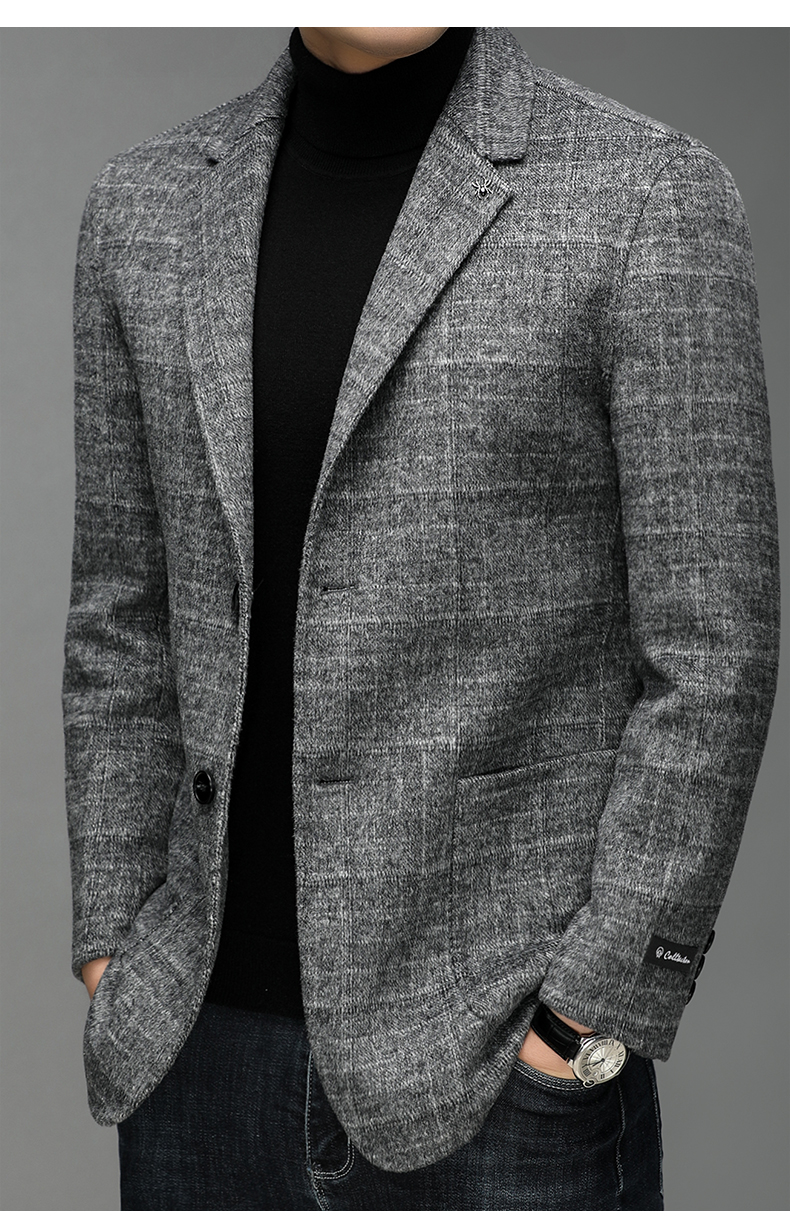 恒源祥高端韩风羊毛呢大衣男厚潮休闲西装领灰色格子男士呢子外套冬