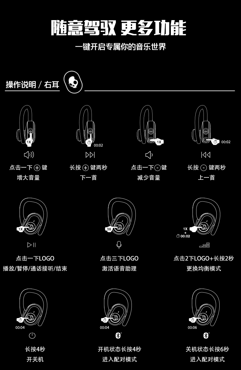 骷髅头pushultratws运动豆二代真无线蓝牙挂耳式耳机运动耳机黄