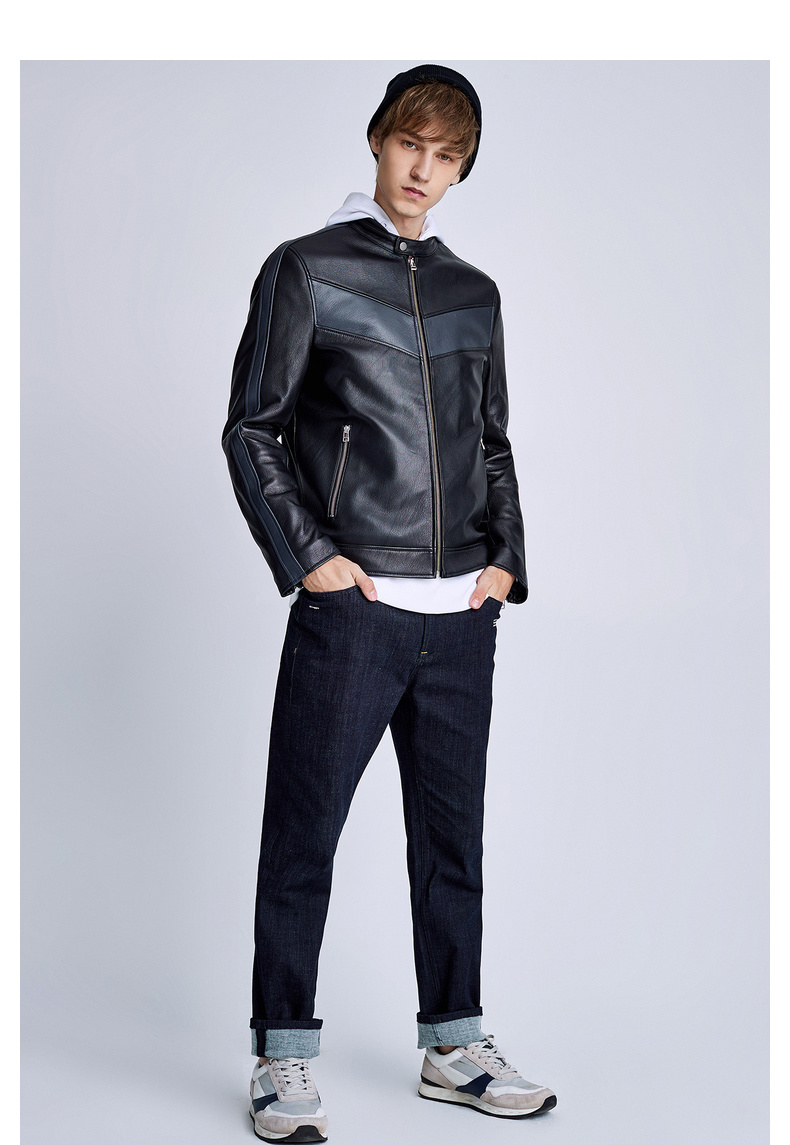 马克华菲皮衣男2018冬季新款修身山羊皮革拼接棒球领真皮棉衣外套