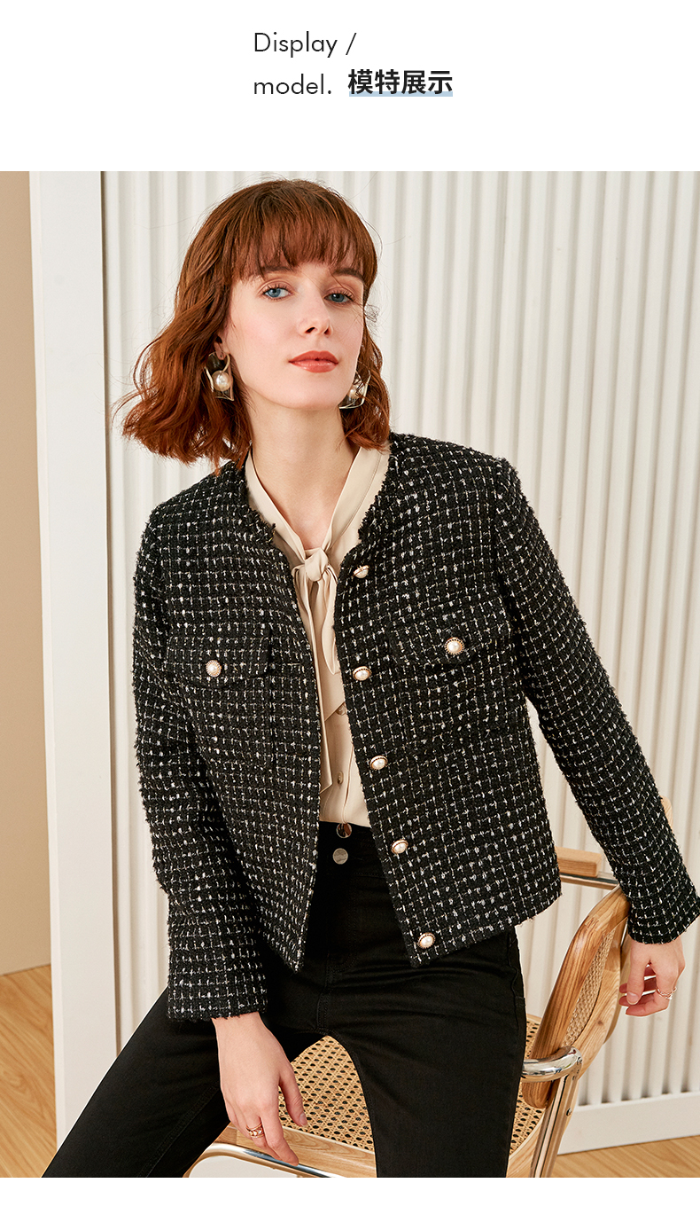 欧莎黑色格子小香风粗花呢外套女短款2019新款秋冬季加厚百搭时尚