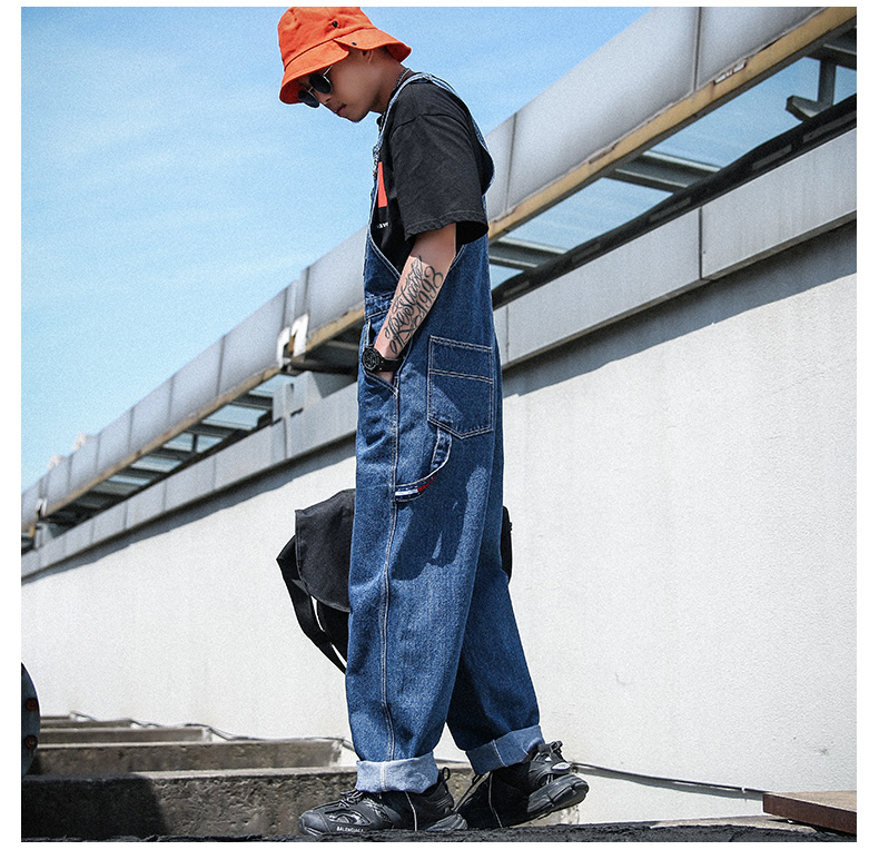 newlake牛仔背带裤男潮牌欧美街头嘻哈吊带裤韩版宽松潮流工装连体裤