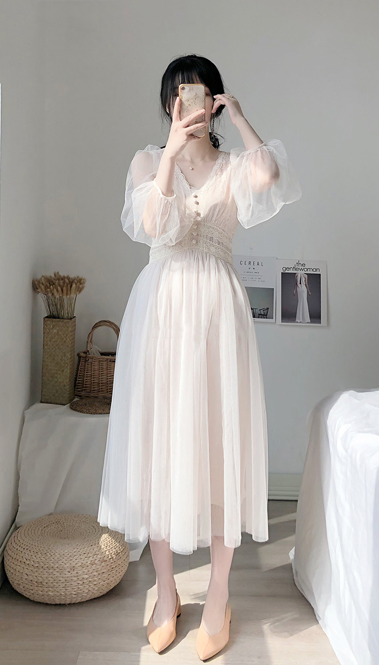 新款夏纱长裙chic温柔裙子仙女超仙甜美森系长款气质连衣裙