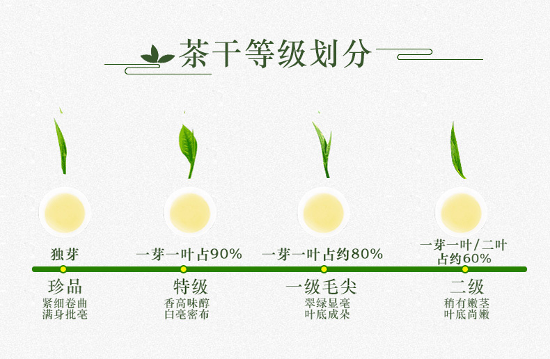 一芽两叶 发酵程度:不发酵 干茶形状:条形 等级:二级 工艺:炒青绿茶