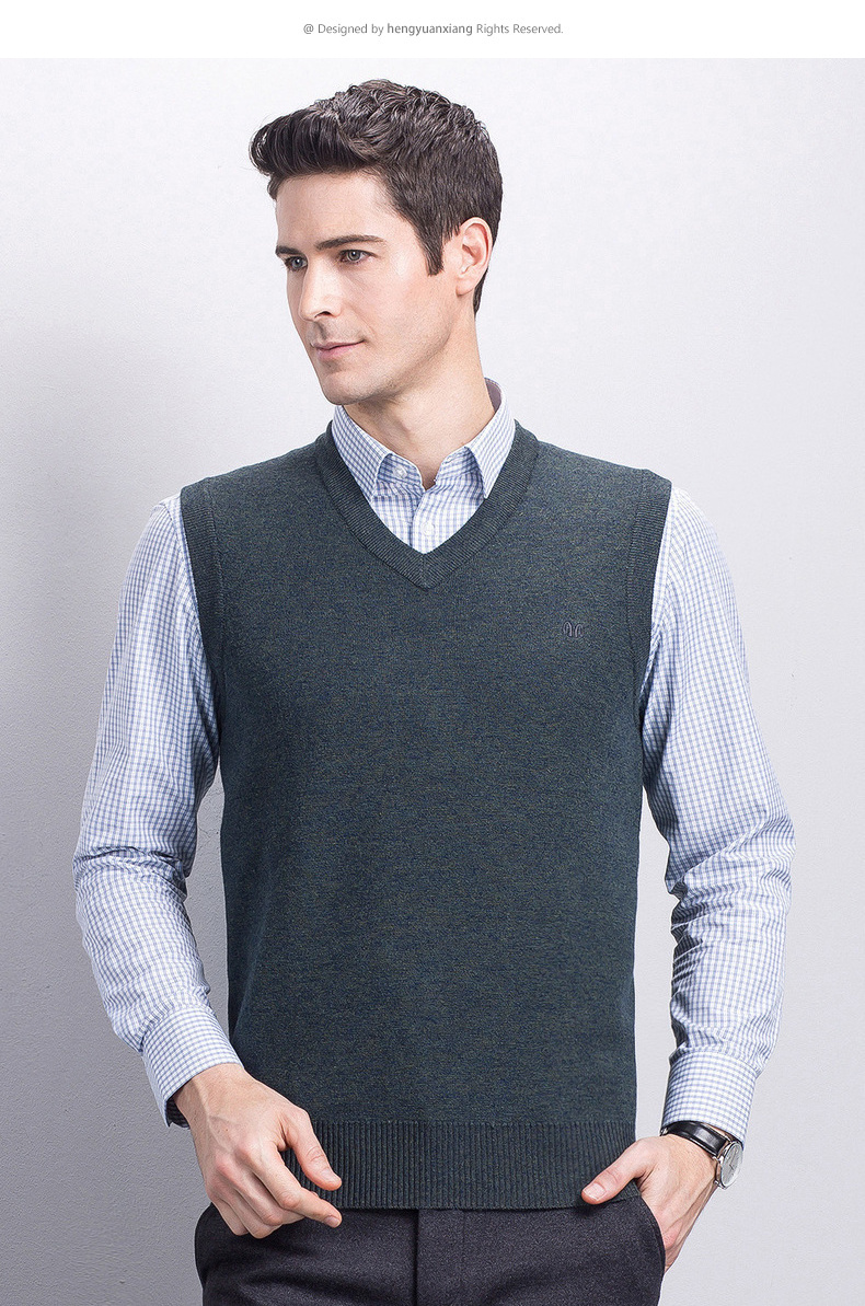 恒源祥羊毛衫背心男v领爸爸装针织衫中老年纯羊毛马甲男坎肩毛衣