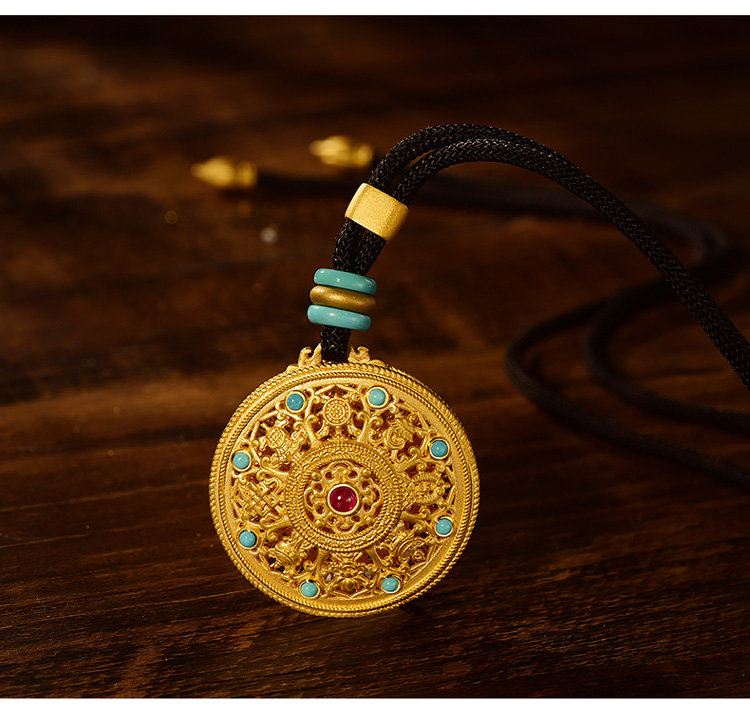 t明牌珠宝黄金吊坠传家金足金古法吉祥八宝如意镶宝佩挂件afc0454工费