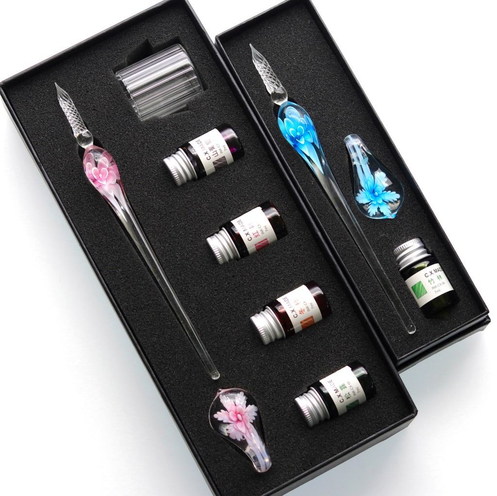 嵌花水晶玻璃笔套装古风墨水蘸水笔水晶笔礼盒套装学生礼物女实用凝粉