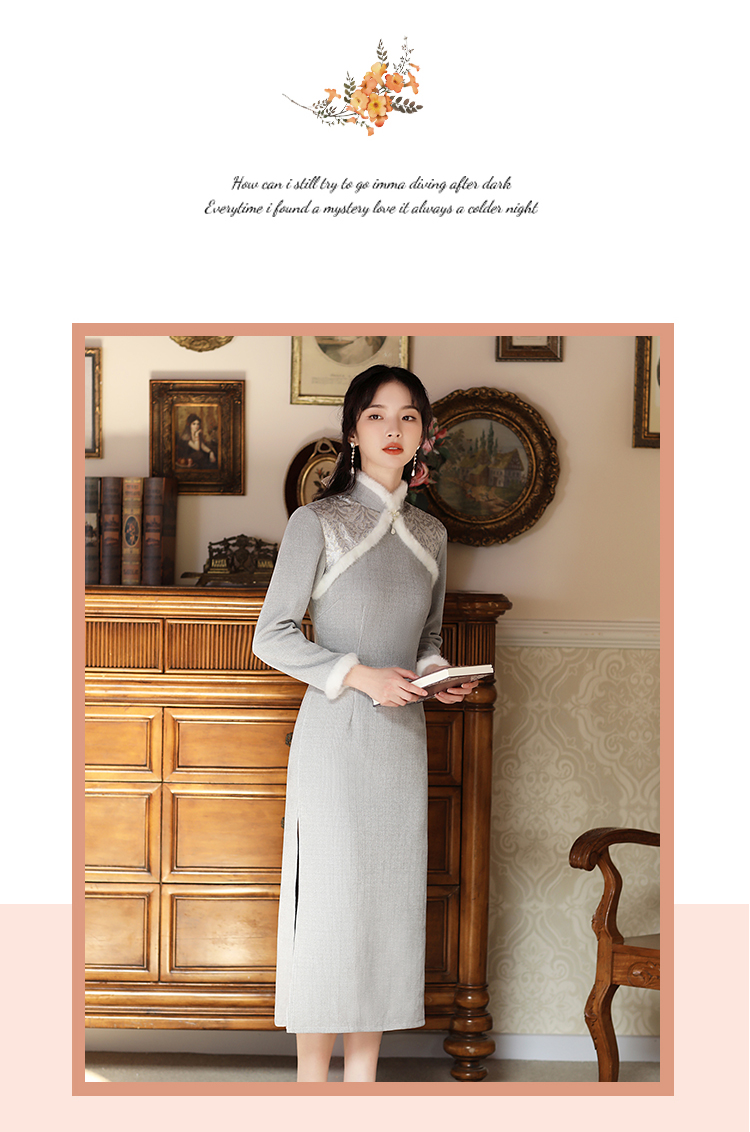 筱姿2022年春季新款2022毛领长袖保暖舒适银灰雪尼尔旗袍复古老上海