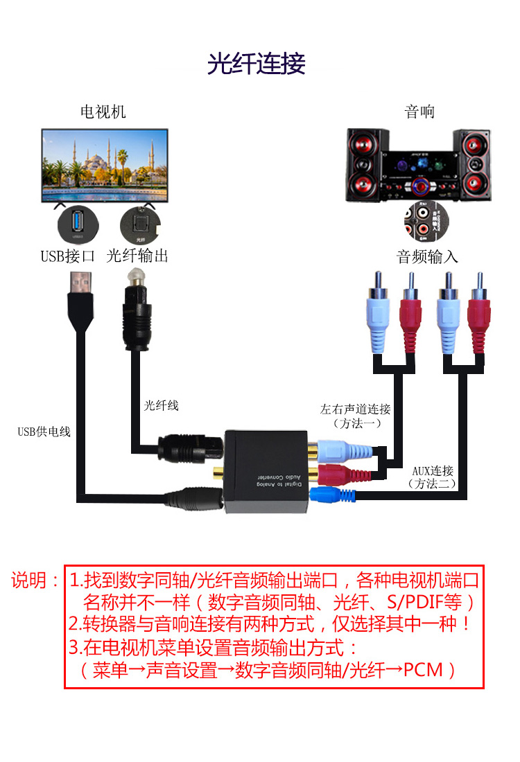 电视机音响数字转模拟同轴音频转换器spdif输出ps4光纤音频转换器