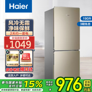 海尔(Haier)190升双门冰箱 风冷无霜 节能家用电冰箱 两门冰箱 家用小冰箱BCD-190WDPT国家补贴