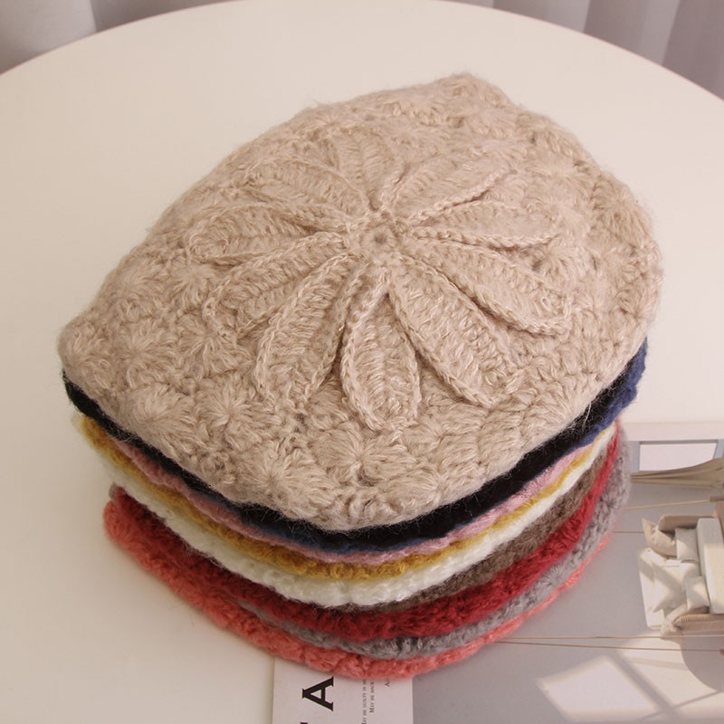 suntek帽子女韩版秋冬镂空手工钩花贝雷帽时尚蕾丝花边包头帽针织毛线