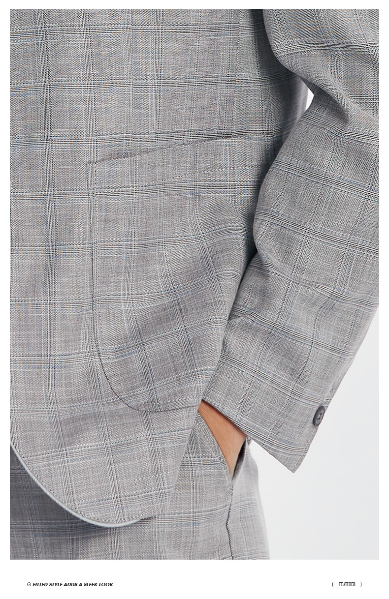 千纸鹤男装西服套装春季新款韩版休闲灰色调格纹小西装外套35214