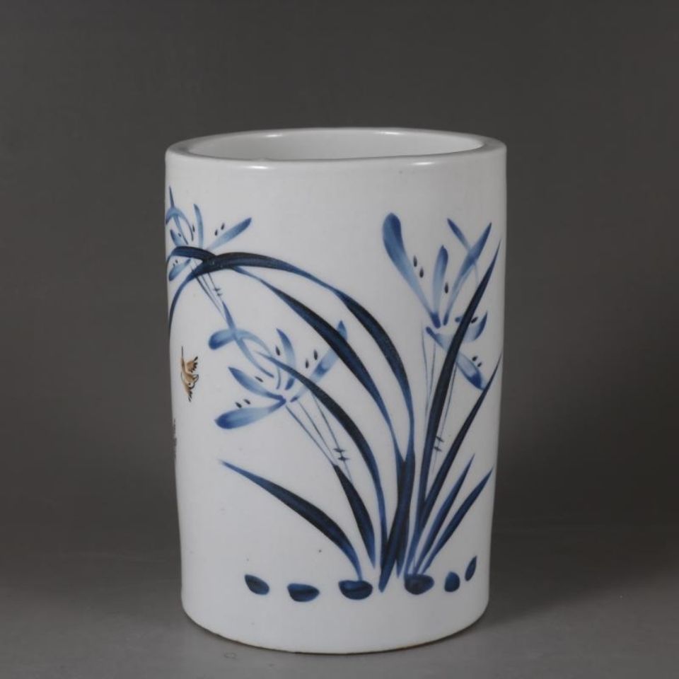 清光绪青花淡泊明志兰花陶瓷笔筒文房装饰绘画毛笔筒仿古瓷摆件