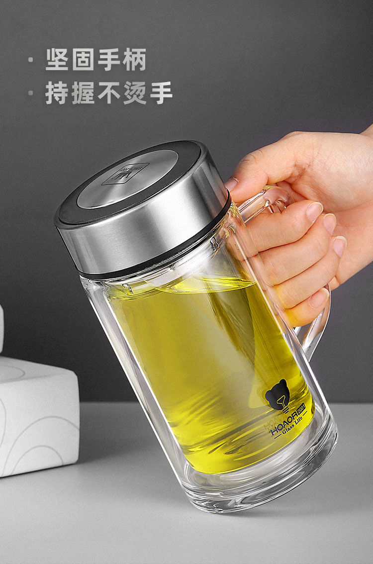 金力双层玻璃杯带把手柄带盖隔热女男士办公室泡茶水杯透明大容量直杯