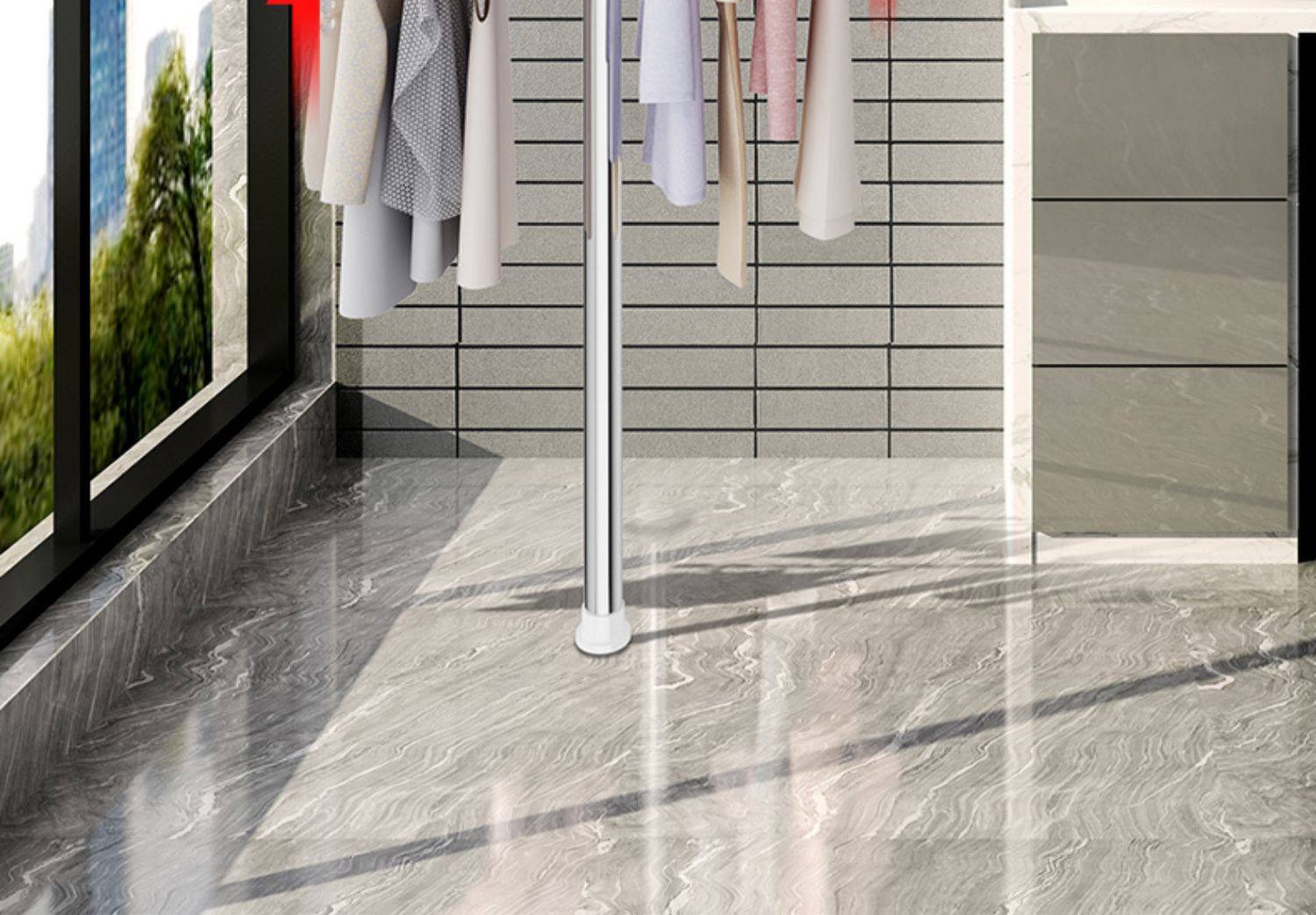 顶天立地伸缩晾衣架落地家用卧室阳台室内晒挂器不锈钢简易单杆 三维