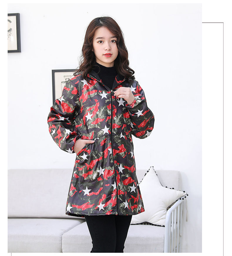 罩衣女冬加绒工作新款防水围裙厨房长袖羽绒服罩衣工作服女厂服 大红