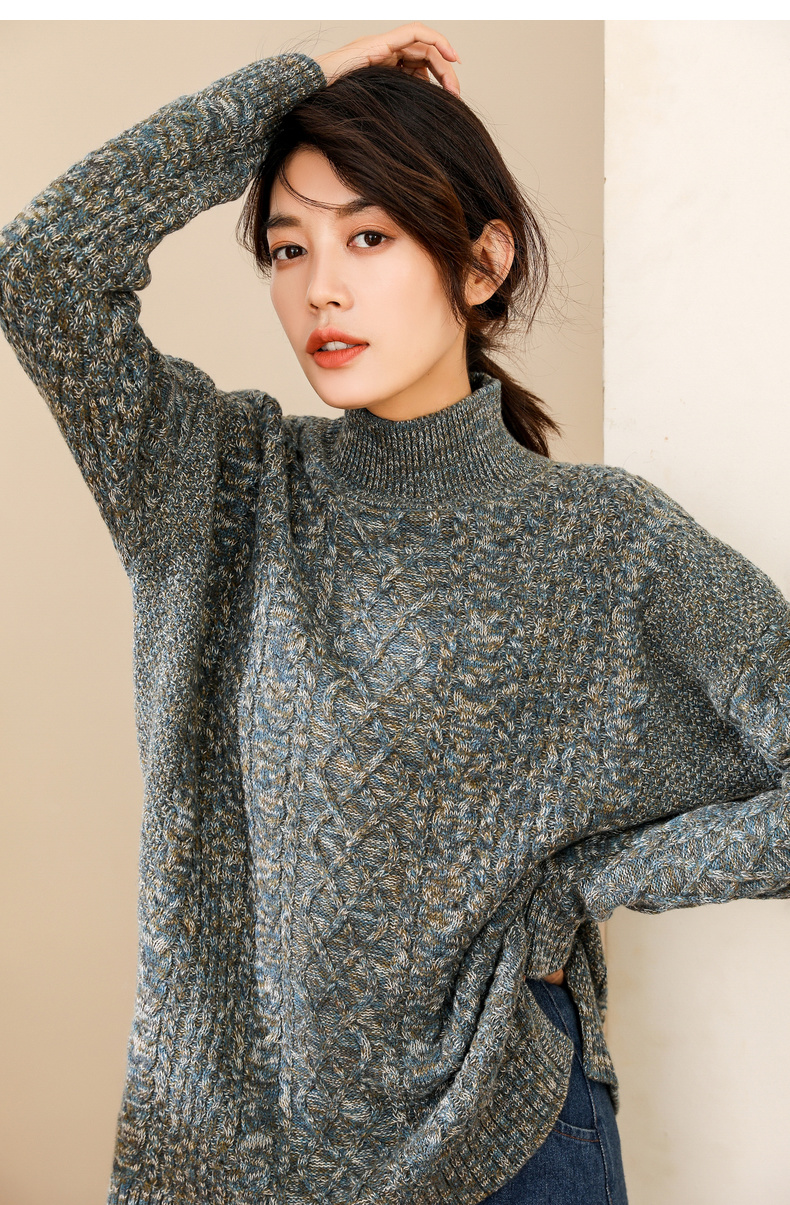 恒源祥半高领羊毛衫女秋冬新款绞花厚毛衣宽松外穿复古花纱针织衫