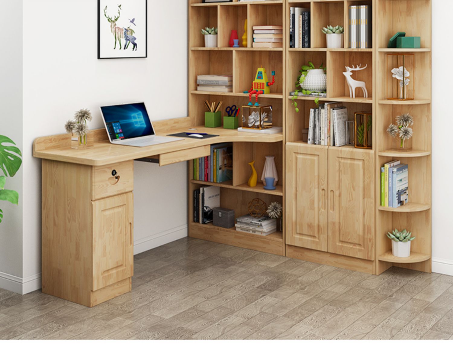 全实木电脑台式桌子家用书柜书桌一体卧室写字桌转角书桌书架组合(新)