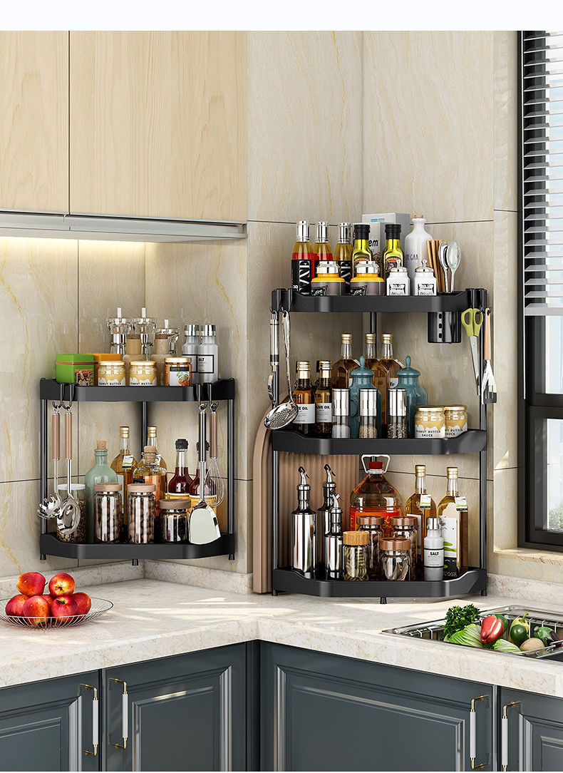 厨房调料架黑色厨房角落置物架三角架不锈钢调料架台面墙角收纳架壁挂