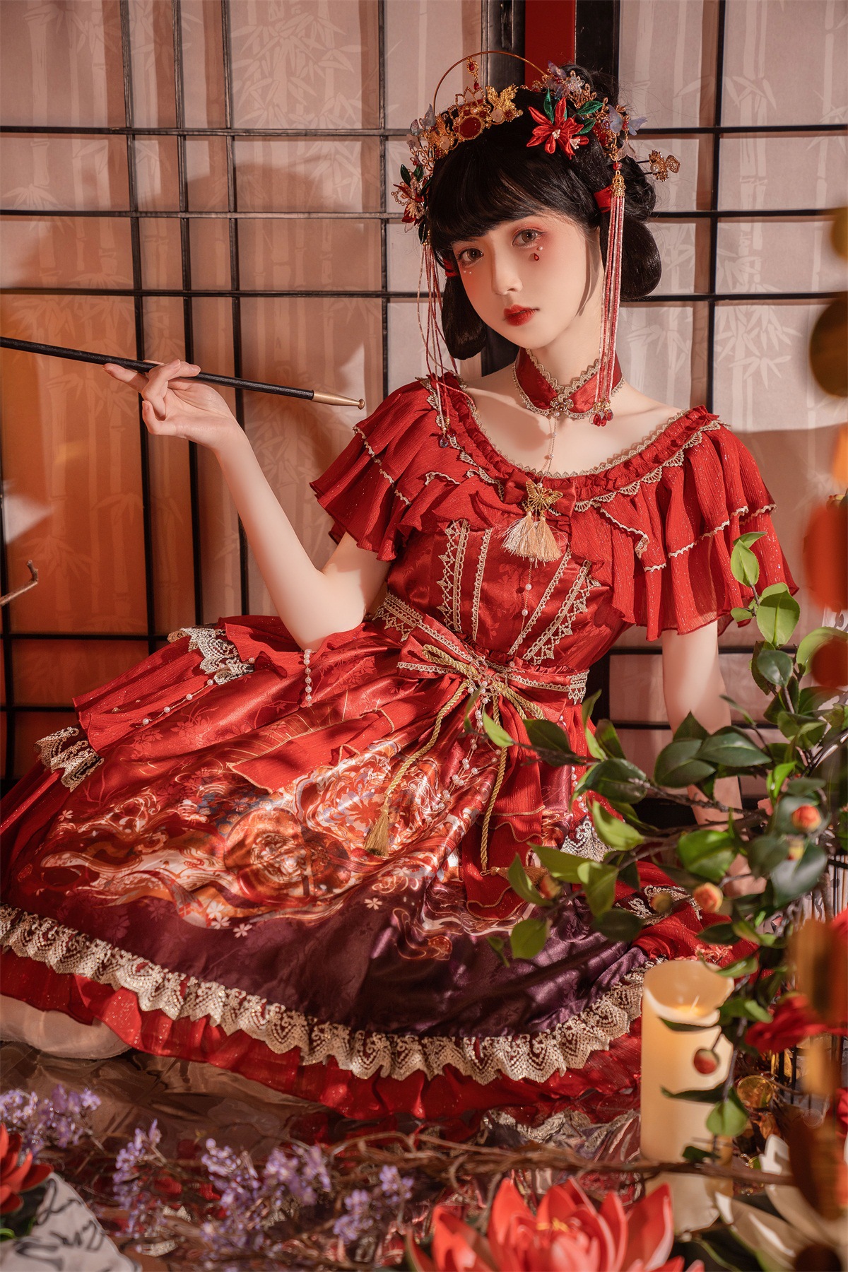 琵琶op国风少女复古优雅日常气质lolita洛丽塔短袖连衣裙 红色连衣裙