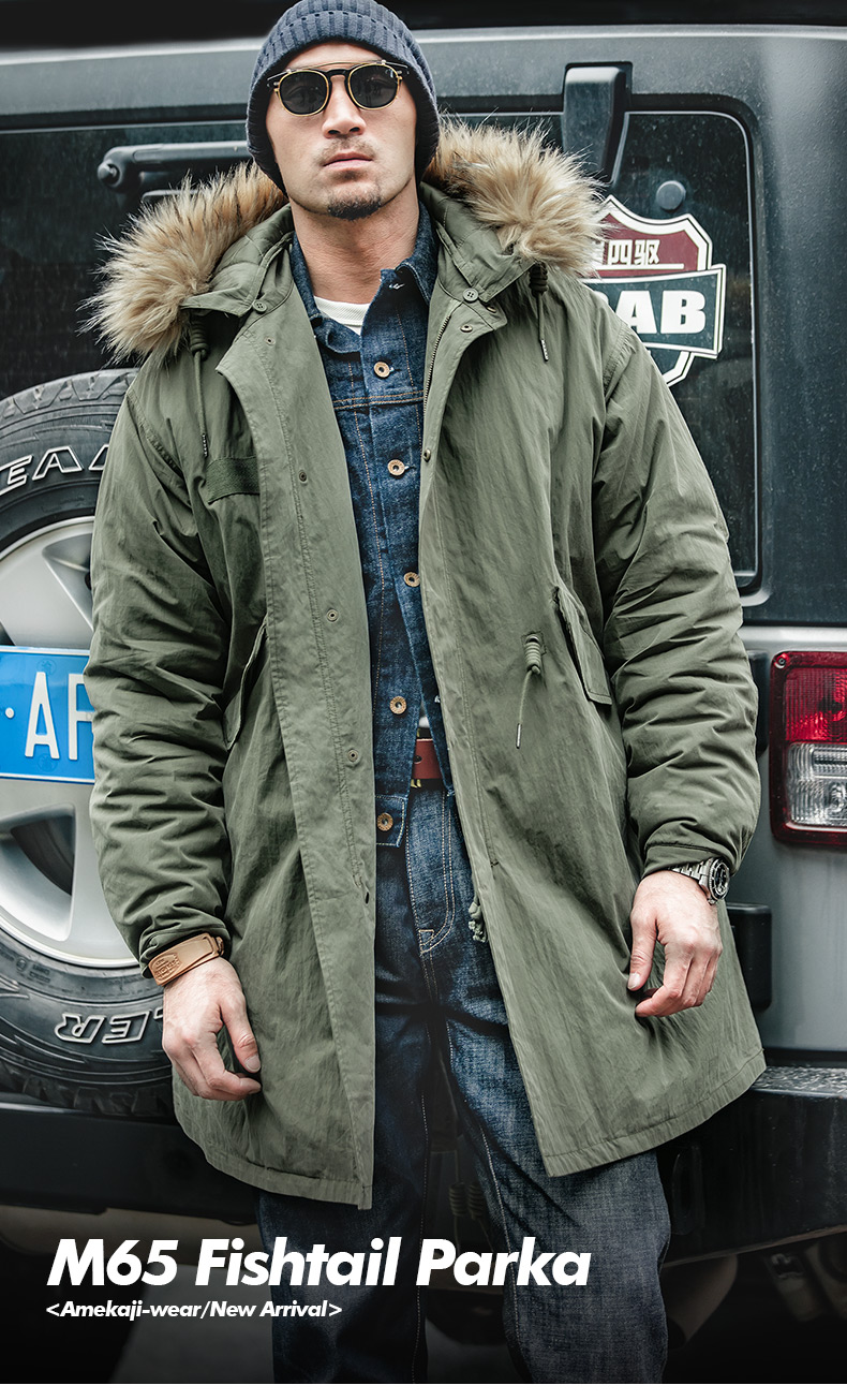 baluoshang马登工装美式复古二战m65派克鱼尾风衣连帽长款外套军大衣