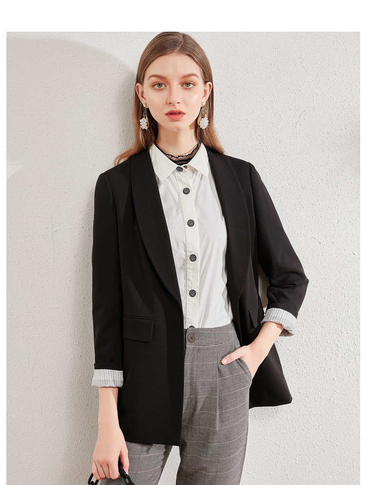 欧昵雪翻领一粒扣显瘦中长款西装外套女条纹内衬西服