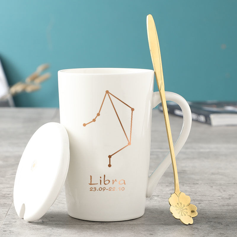 马克杯带盖勺陶瓷杯子大容量咖啡杯韩版女可爱水杯家用茶杯 水瓶座