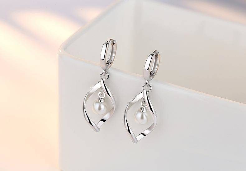约简新款定做银耳环旋转爱珍珠耳坠女长款耳环扭转时尚珍珠耳饰