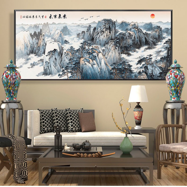 山水画鸿运当头国画客厅沙发背景墙装饰画办公室旭日东升挂画带框60