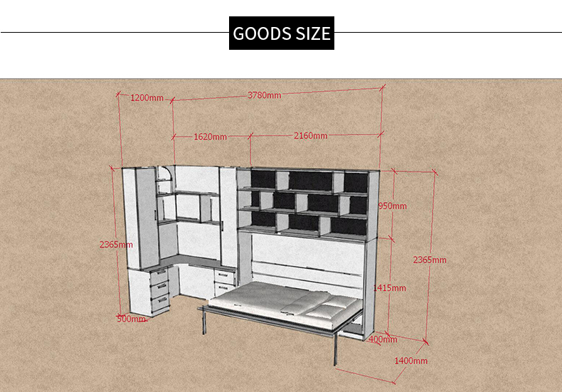 书柜床一体隐形床尺寸图片
