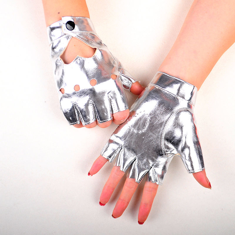 半指皮手套男女铆钉明星款街舞跳舞表演钢管舞镂空舞蹈手套桃心款红色