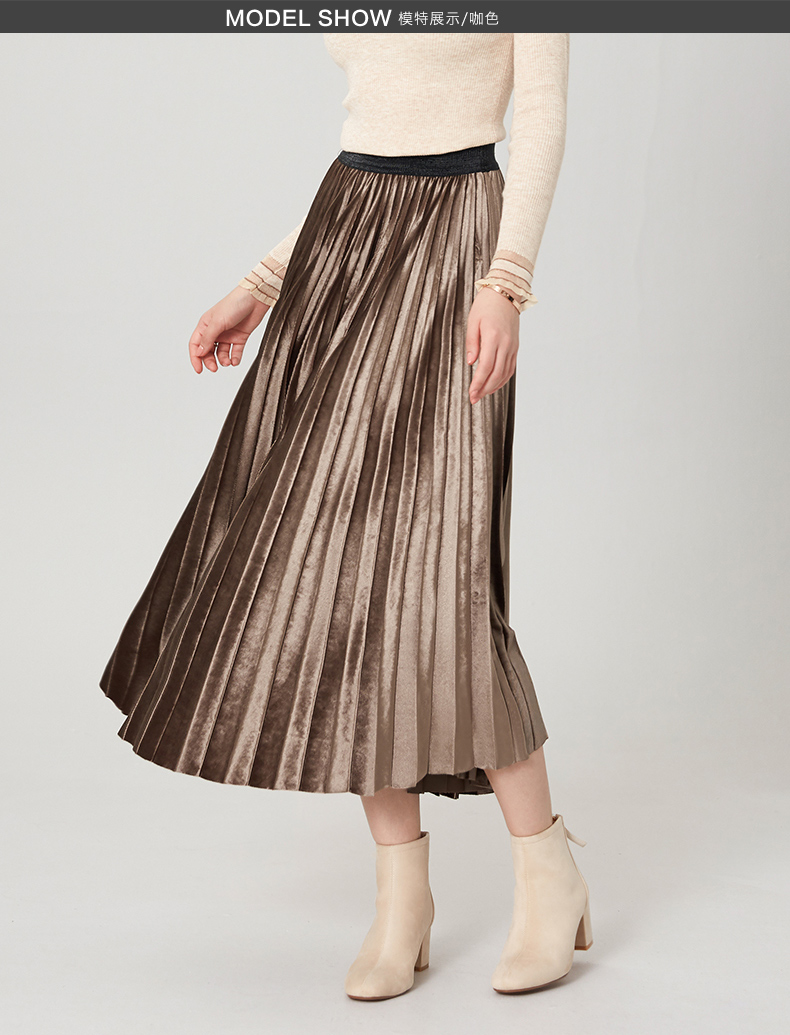 晚白2020秋冬新品简约百搭松紧高腰百褶裙丝绒长裙半裙半身裙女