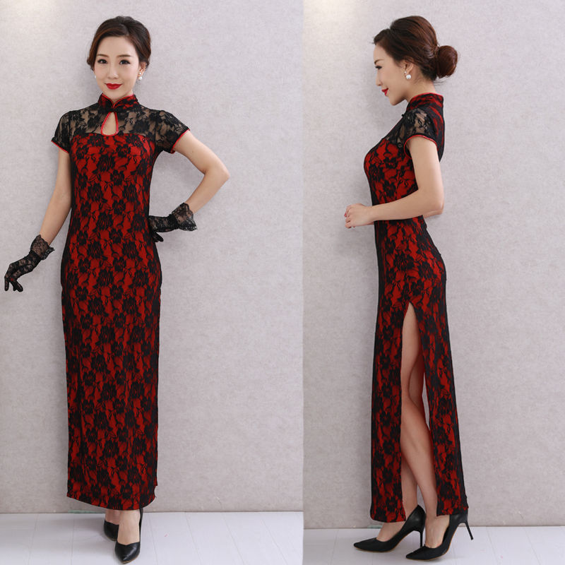 20款夜上海旗袍长款大码改良舞蹈表演复古旗袍演出服连衣裙中国风黑红