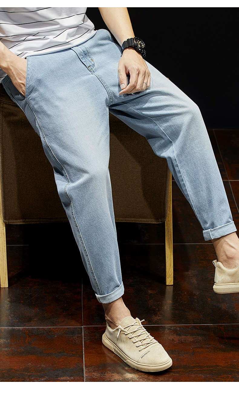 夏季九分牛仔裤男潮牌浅色小脚裤子宽松大码胖子加肥加大哈伦裤潮