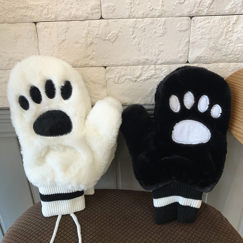 黑色m韩国ins可爱熊爪毛绒挂脖手套女冬天保暖加绒学生全指软妹情侣