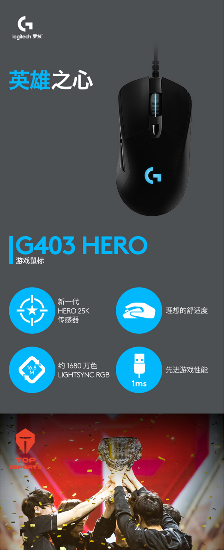 罗技logitechg403游戏鼠标hero升级版有线鼠标rgb吃鸡鼠标25600dpifps