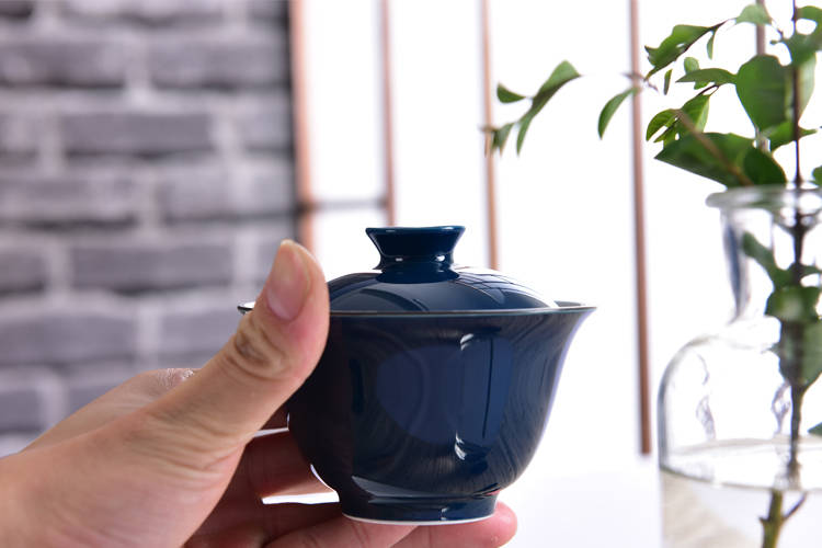 特色霁蓝釉陶瓷功夫茶具盖碗大号青花瓷手工三才敬茶碗杯单品