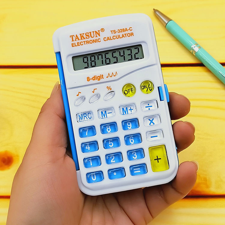 小学生彩色计算器迷你掌上便携翻盖折叠水晶按键儿童考试计算机深蓝色