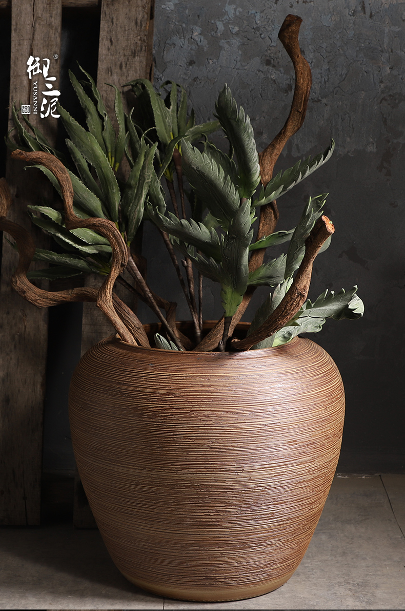 粗陶大坛子圆缸鱼缸园林花盆大号复古落地客厅陶瓷花瓶干花摆件