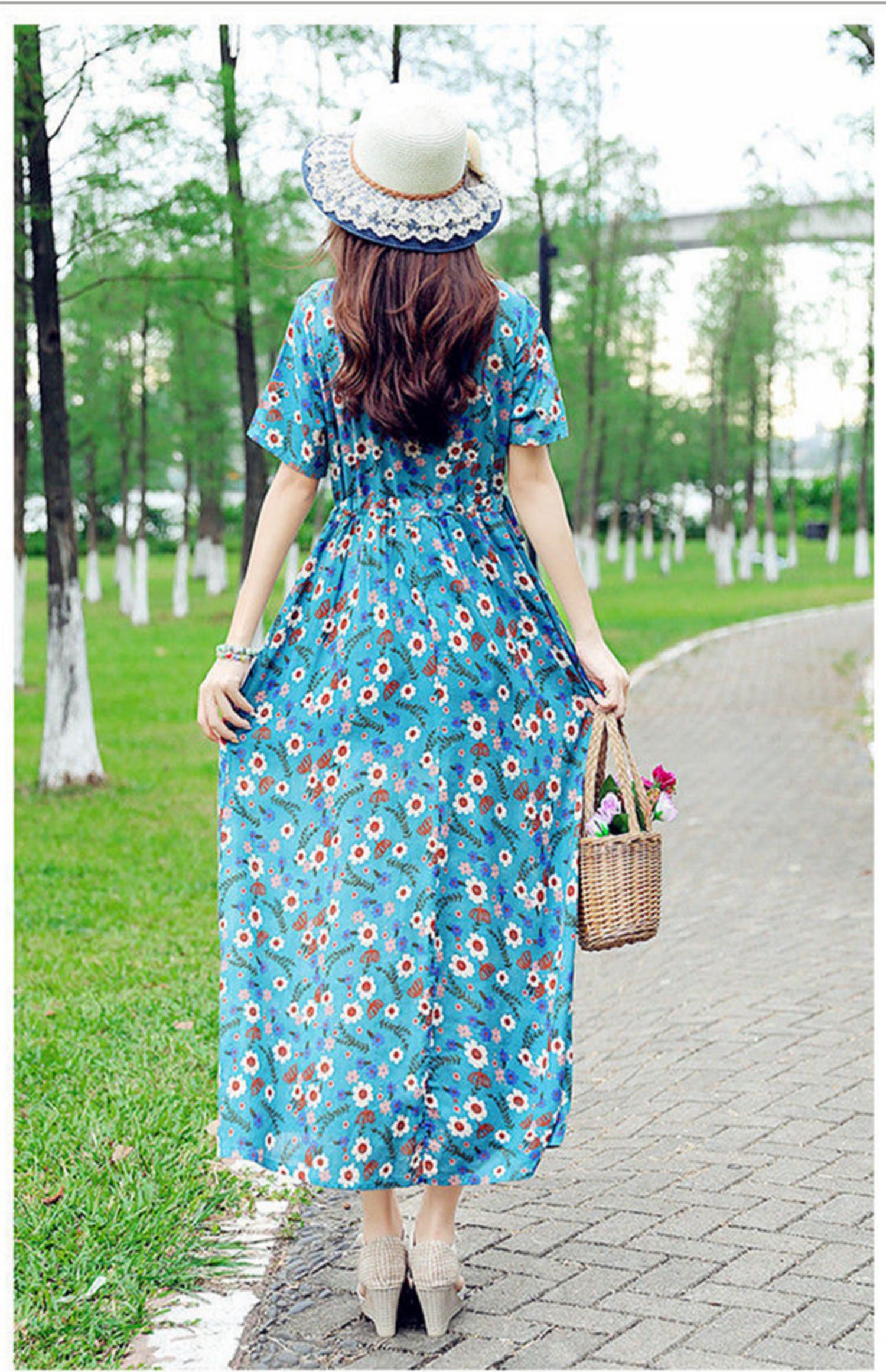 复古文艺小碎花棉麻连衣裙女2021夏新款宽松大码显瘦系带收腰长裙绿色